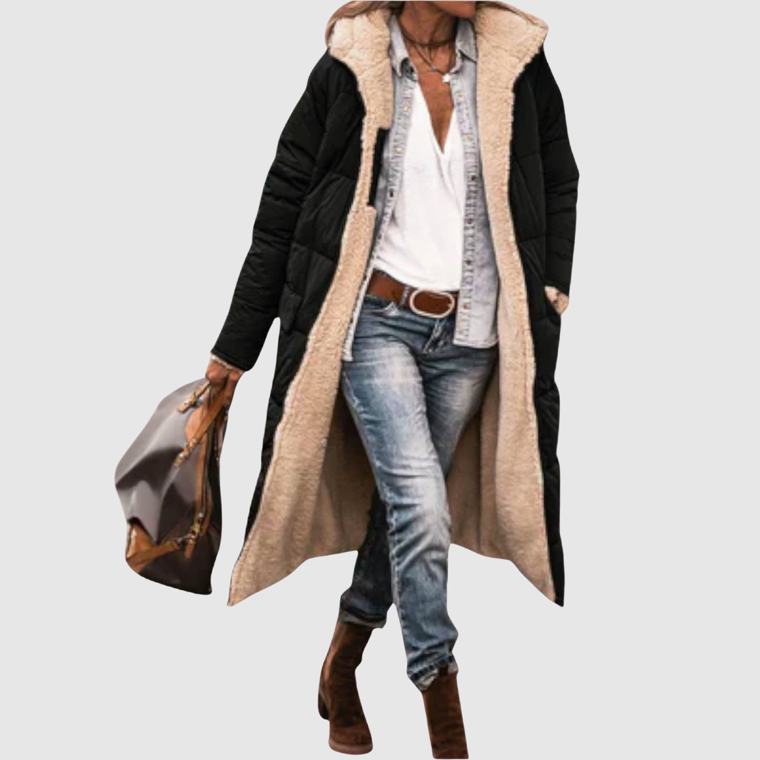 Jelena – Long manteau semi-transparent avec isolation en duvet à l'intérieur