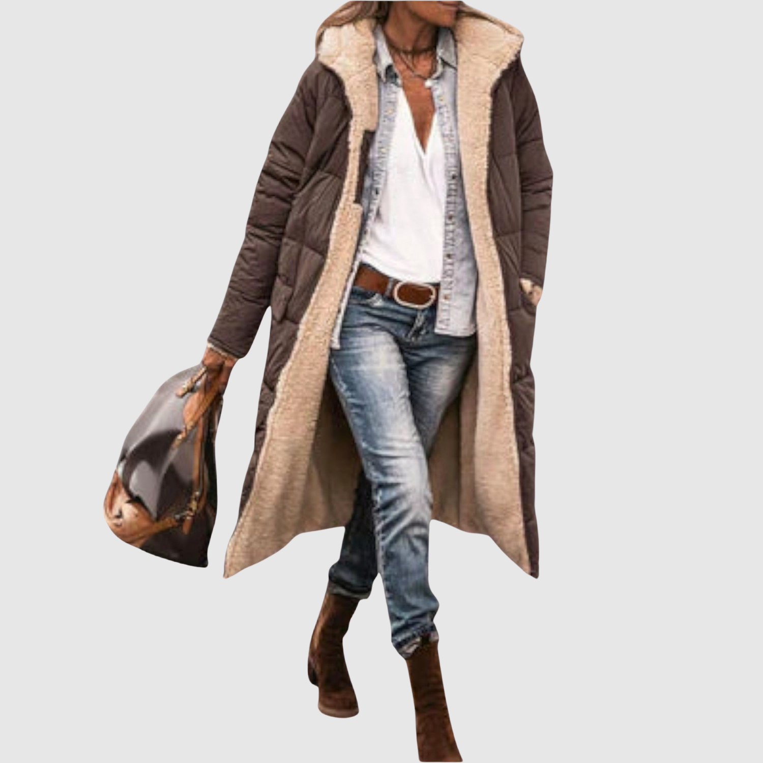 Jelena – Long manteau semi-transparent avec isolation en duvet à l'intérieur