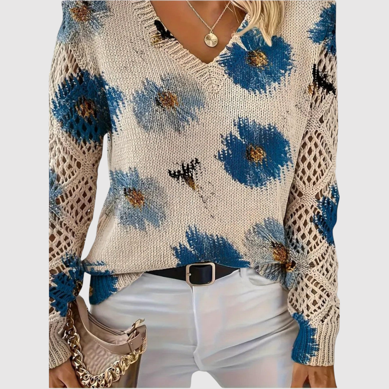 Nora – Pull avec de grandes fleurs et décolleté en V