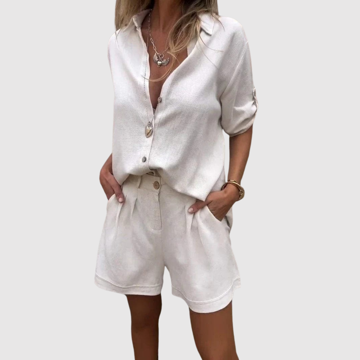 Inès – Ensemble décontracté avec chemise et shorts