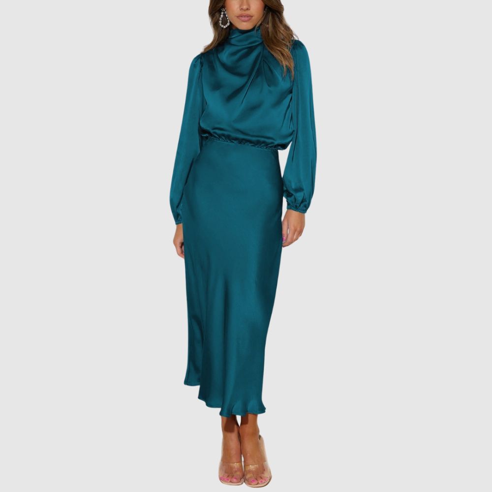 Zoé - Robe satinée à manches longues midi