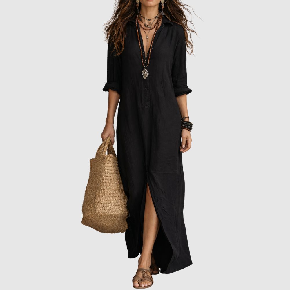 Natalie - Robe Maxi Verte Fluide avec Boutons