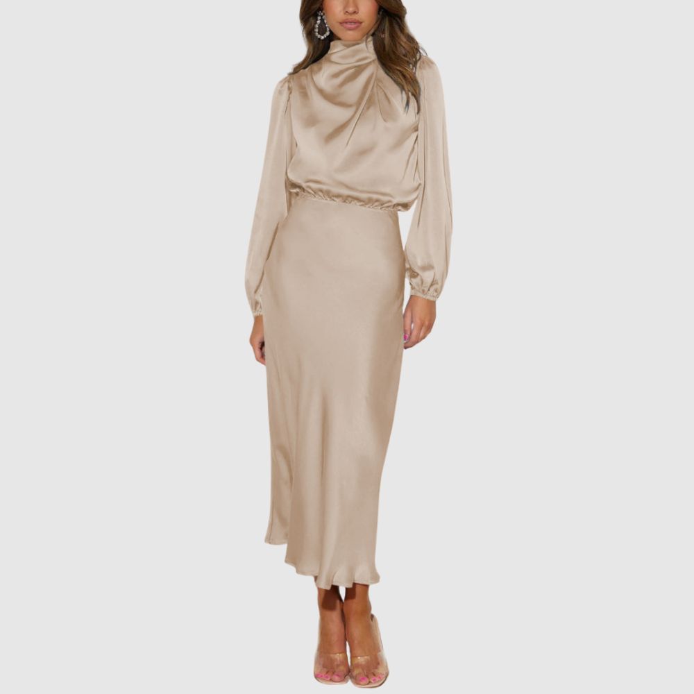 Zoé - Robe satinée à manches longues midi