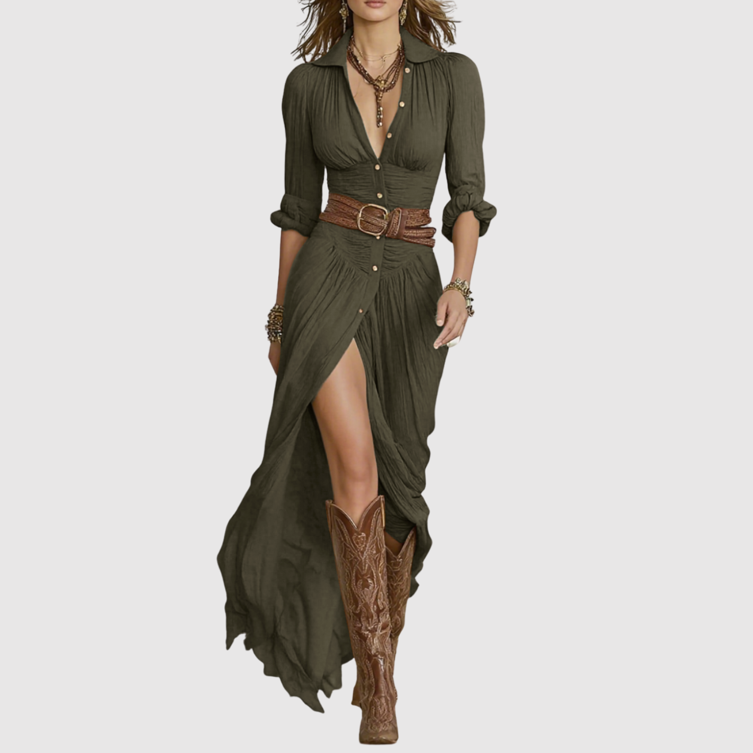 Léna - Robe maxi boho avec ceinture