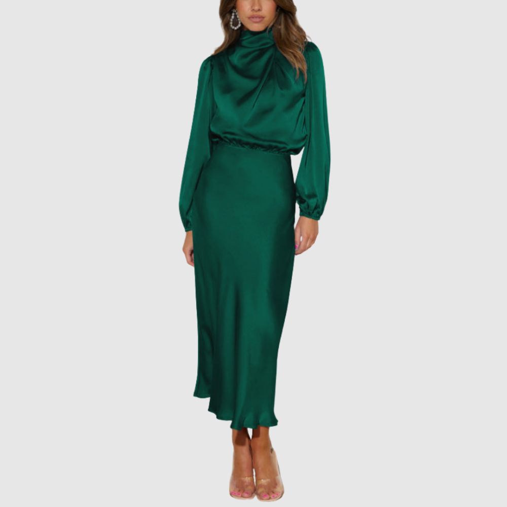 Zoé - Robe satinée à manches longues midi