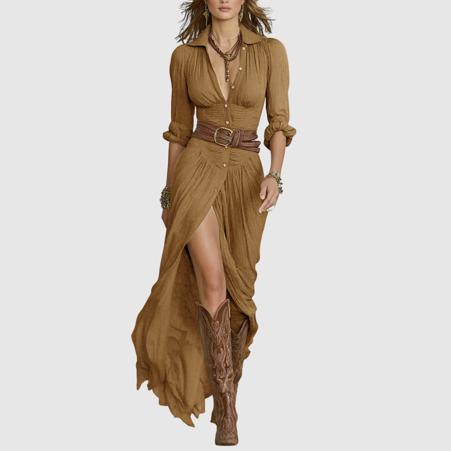 Léna - Robe maxi boho avec ceinture